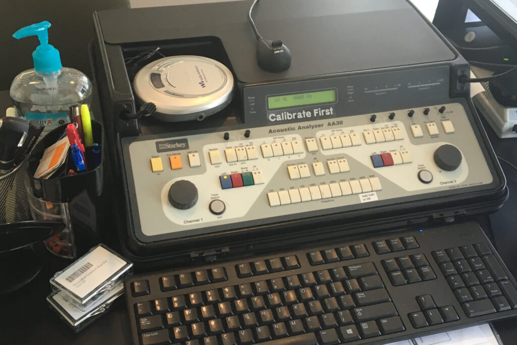 close-up of Acoustic Analyzer AA30 on desk with keyboard